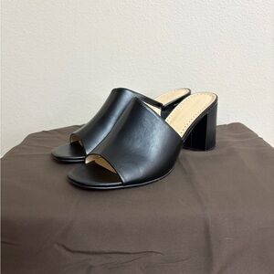 Adrienne Vittadini Black Leather Mules Open Toe Block Heel Women’s Size 10